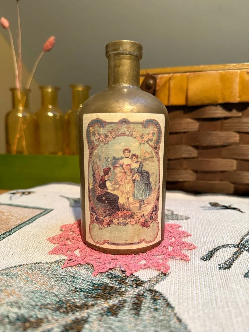 Vintage-Style Gold Painted Decorative Glass Bottle with Victorian Romance Label